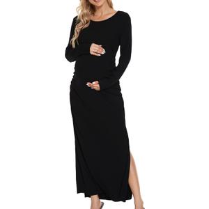 Smallshow Women's Split Maternity Dress Long Sleeve Ruched Pregnancy Clothes (Black)-S