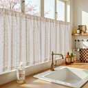 Jinchan Katy Linen Floral Kitchen Curtains 36 Inches Length Stripe Cafe Curtains Farmhouse Cottagecore Tier Small Window Drapes for Living Room Light Filtering Rod Pocket 2 Panels Sage Green on Linen