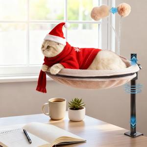 Cat Desk Bed Rotating & Adjustable 360 Swivel Cat Hammock with Removable Washable Cover, Sturdy Desktop Perch Holds Up to 60lbs, Perfect for Indoor Cats(Khaki)