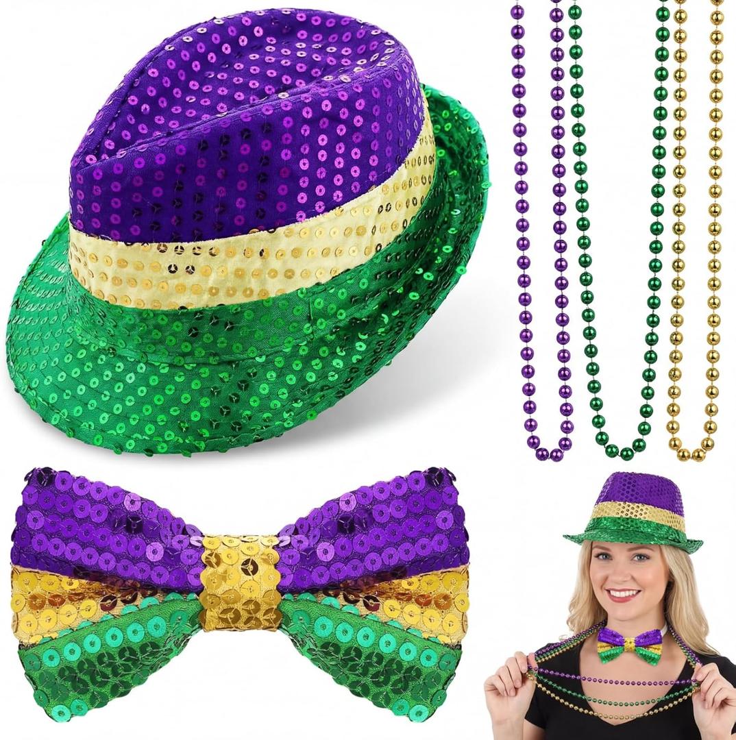 Geyoga 5 Pcs Mardi Gras Costume Accessories Set Mardi Gras Purple Green Gold Beads Necklaces Sequin Bow Tie Sequin Fedora Hat for Women Men Carnival Costume Masquerade Parade Party Decoration Supplies