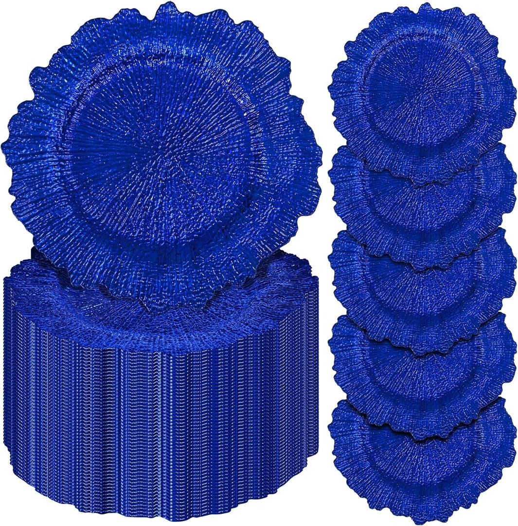 Pesonlook 50Pcs Royal Blue Charger Plates Round 13inch, Reef Plate Chargers for Dinner, Bulk Plastic Floral Table Charger Plates for Dinner Wedding Party Event Table Setting Decoration(Royal Blue)