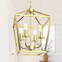 Phaosio Farmhouse Lantern Chandelier 4-Light, Industrial Gold Ceiling Light Fixture with Rustic Open Cage and Adjustable Hanging Height, E12 Base for Kitchen Island, Dining Room, Entryway, Foyer