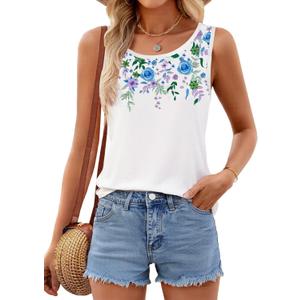 MEROKEETY Women's Summer Floral Tank Tops 2025 Vacation Boho Casual Loose Beach Sleevless Shirts (Blue, S)