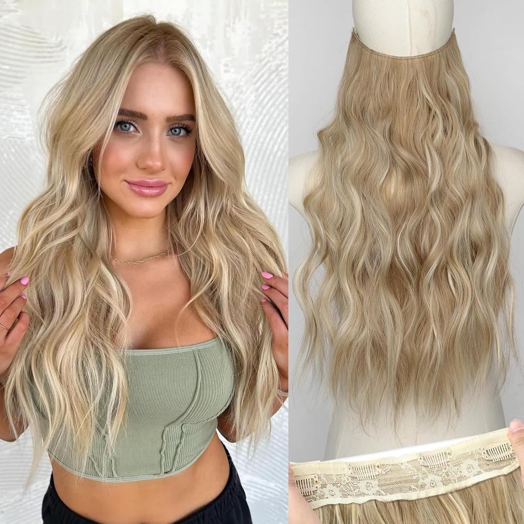 KooKaStyle Invisible Wire Hair Extensions with Transparent Wire Adjustable Size 4 Secure Clips Long Wavy Curly Secret Synthetic Hairpieces(20 Inch,Dark Ash Blonde mix Light Blonde Highlights)