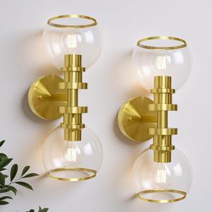 Bathroom Sconces Set of Two, Brushed Gold Wall Sconces with Clear Glass, Hardwired Modern Sconces Wall Decor Set of 2, Wall Light Fixtures for Bathroom Living Room Mirror Hallway Bedroom