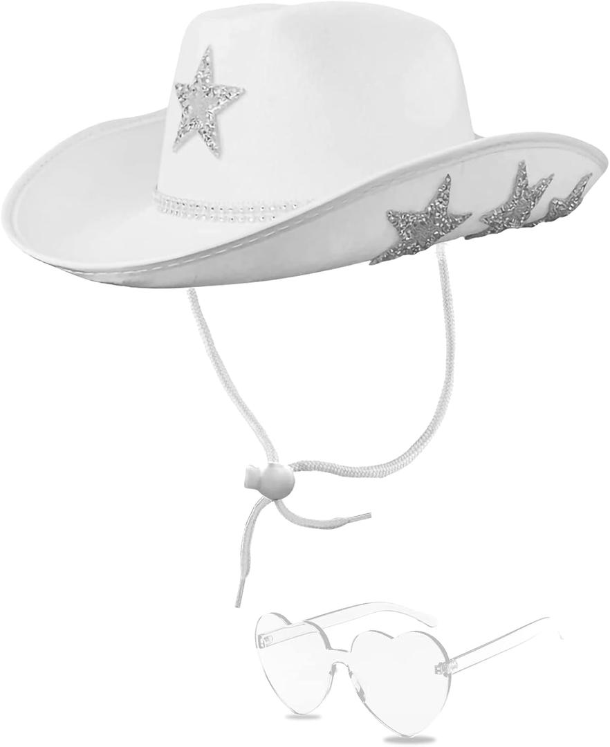 White Cowgirl Hat with Heart Sunglasses - Cowboy Hat with Glitter Star Fits Women for Bachelorette Themed Party