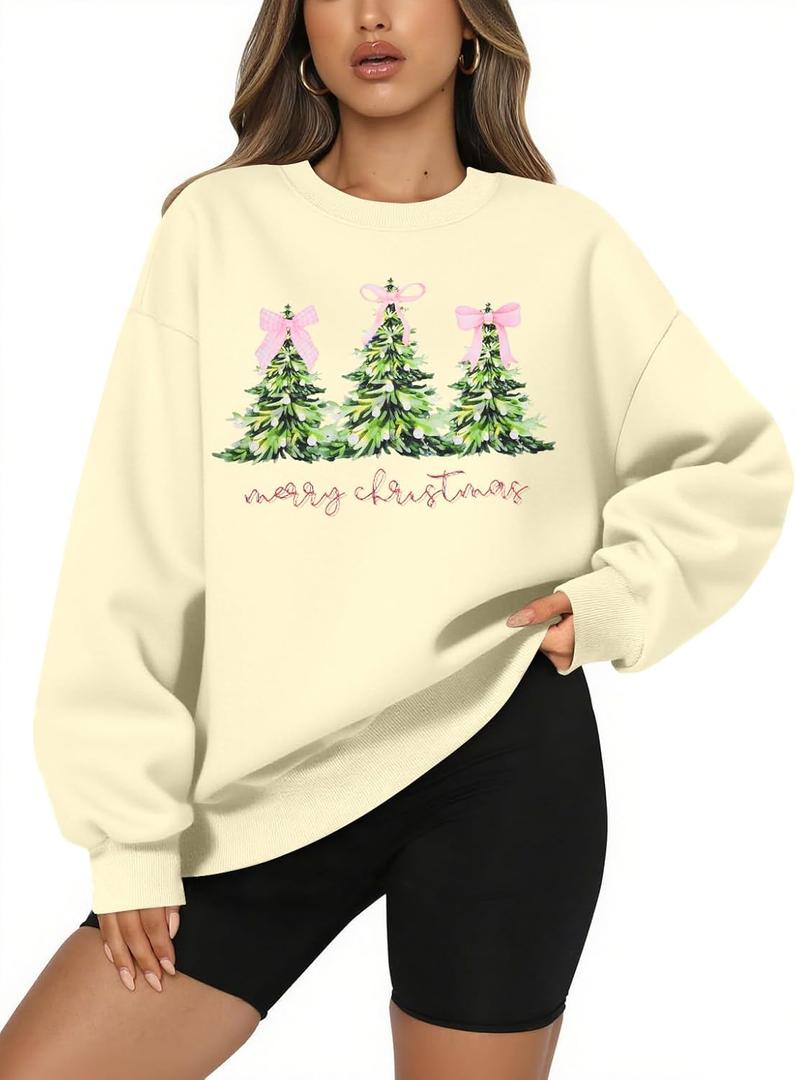 QLIPIN Merry Christmas Sweatshirt Christmas Tree Sweatshirts Women Oversized Xmas Crewneck Holiday Sweater Shirts (S)
