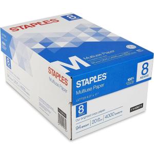 Staples Multipurpose Copy Printer Paper, 20 lb, 8.5 x 11 Inches, 8 Reams (4,000 Sheets), 94 Bright, White