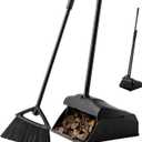 Eyliden Commercial Angle Broom and Dustpan Combo, with Long Handle and Lid, Lobby Dust Pan Sweep Set for Outdoor Garages Courtyard Sidewalks Decks Indoor Home Kitchen Room Office (Black Broom+Dustpan)