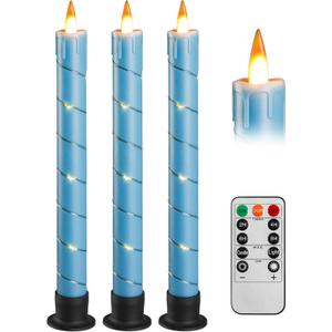 Da by 3 Pcs Flickering Flameless Battery Operated Taper Candle-Window Candles with Remote and Time-LED 3D Dynamic Flame-9.6 Inches for Wedding, Party,Home Decoration-Blue