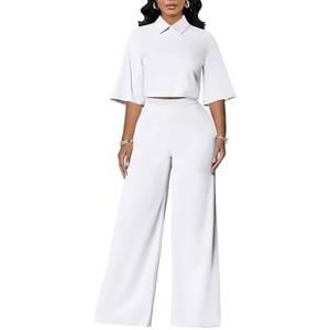acelyn 2 Piece Pant Sets for Women Dressy 3/4 Sleeve Lapel Neck Top Wide Leg Pantsuits Business Casual Outfits, XL