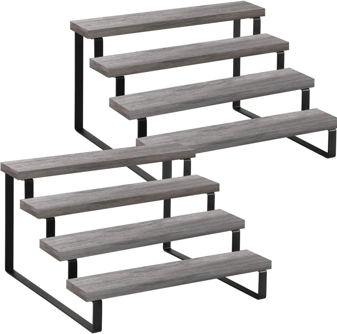 YINMIT Wooden Display Riser Stand, Tiered Perfume and Cologne Organizer Stand, 4 Tier Spice Rack Organizer, Rustic Display Shelf for Candles (4 Tier,2Pack,Grey)