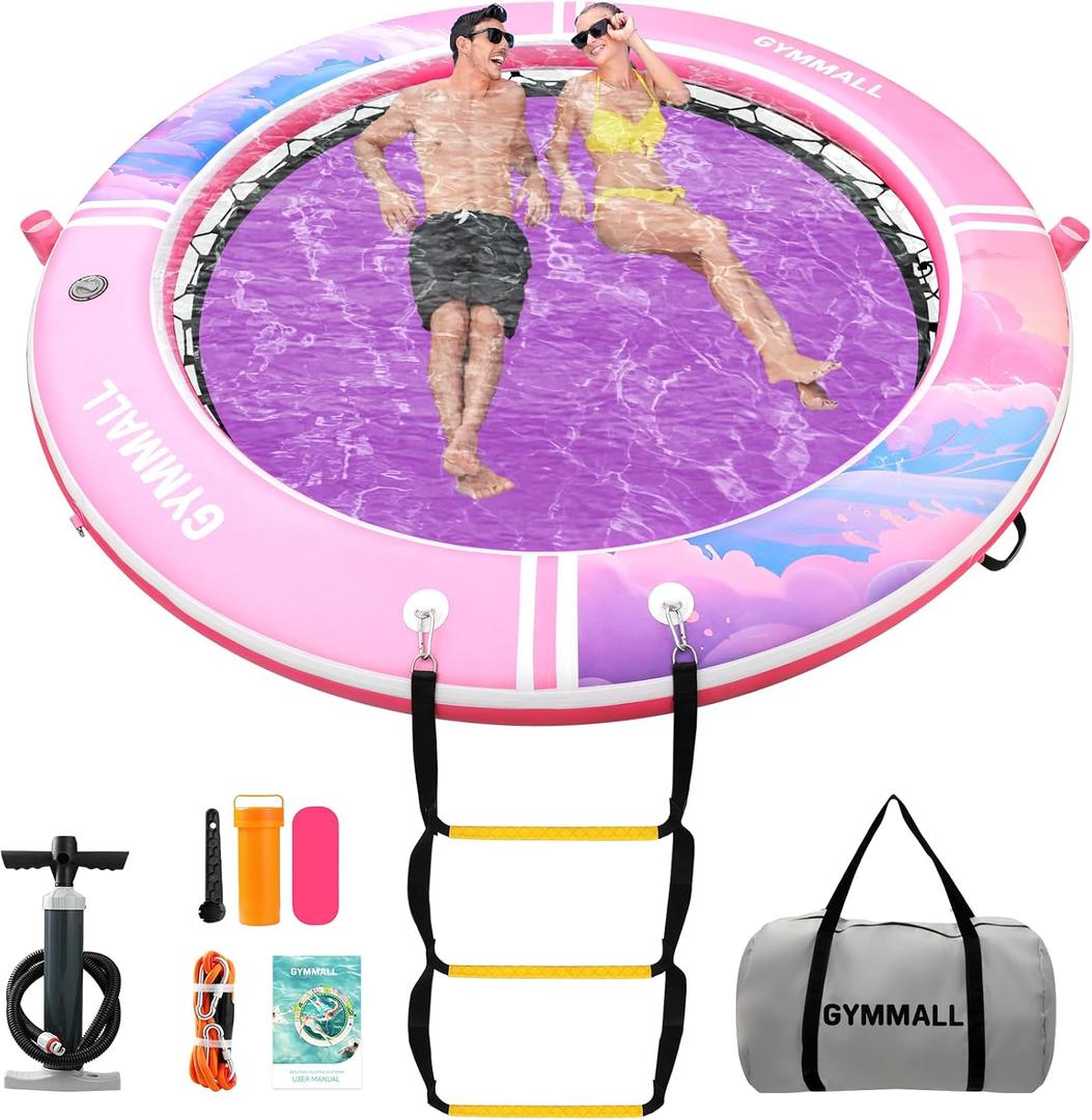 Inflatable Water Hammock Floating Dock 8 FT with Mesh, Tanning Pool Raft Round Ring for Adults, Float Platform for Lake and Beach with Water Ladder and Cup Holder