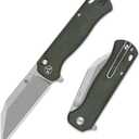 QSP Swordfish Folding Pocket Knife, 3.63" Sandvik 14C28N Stonewash EDC Knife, Green Micarta Handle, Button Lock, Ceramic Ball Bearings, Reversible Wire Deep Carry Clip