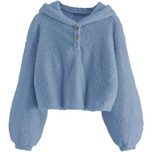 GAMISOTE Kids Girl's Fuzzy Hoodies Warm Loose Button Down Pullover Sherpa Jacket Top (7-8 Years, Blue)