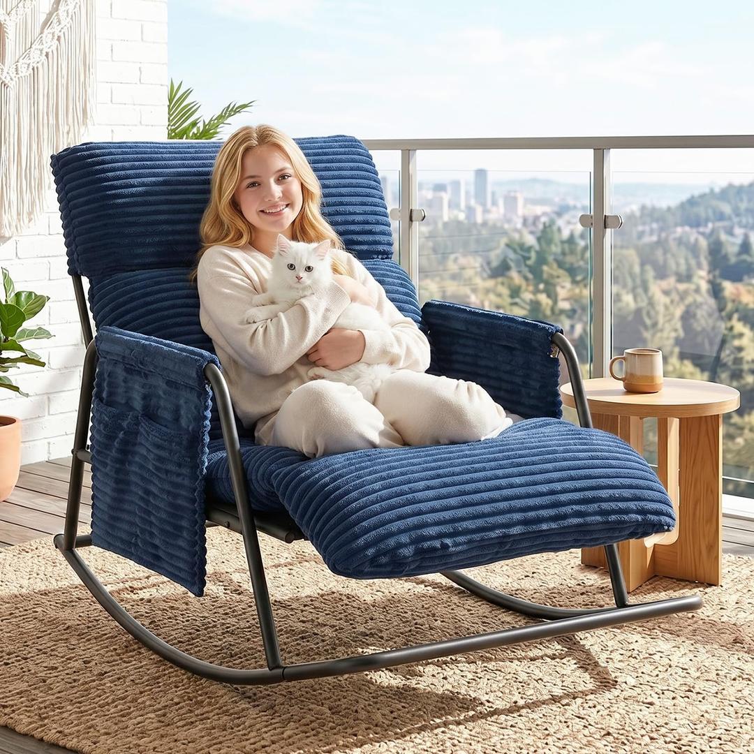 Oversized Outdoor Rocking Chair with Corduroy Cushions, 3-Level Adjustable Metal Patio Rocker with Footrest, Comfy Modern Lounge Chair for Porch, Balcony, Indoor(Navy)