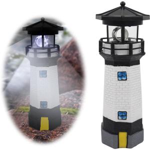 LED Solar Powered Lighthouse, Indoor Outdoor Lighthouse with Rotating Beacon LED Lights, Courtyard Waterproof Landscape Lights for Garden Patio Landscape Outside Yard Gifts Black