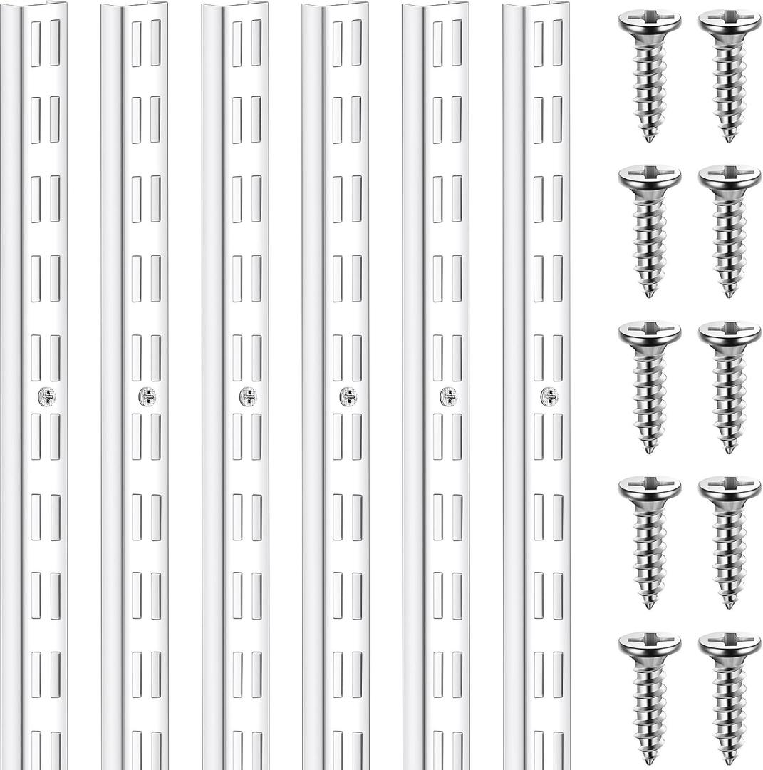 MorningRo 6 Pcs Dual Track Upright Wall Shelving System Heavy Duty Support System Twin Slot Shelf Rail Shelf Standards for Pantries Linen Closets Laundry Rooms(White,47.5 Inch)