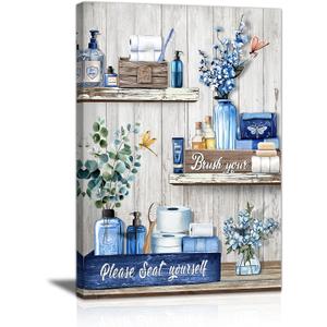 WANGTIAO Navy Blue Shelf Pattern Bathroom Canvas Wall Art Rustic Grey Wood Grain Wall Paintings Please Seat Yourself Sign Prints Pictures Vintage Aesthetic Bathroom Poster Artwork Home Decor 12"x16"