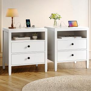 Huuger White Nightstand Set of 2, Night Stand with Charger Station, Bedside Table with 2 Drawers, Bed Side Tables for Bedroom, Modern Nightstands, Metal Knobs, Painted Surface, 19.7 inches x 15.7 inches x 23.6 inches