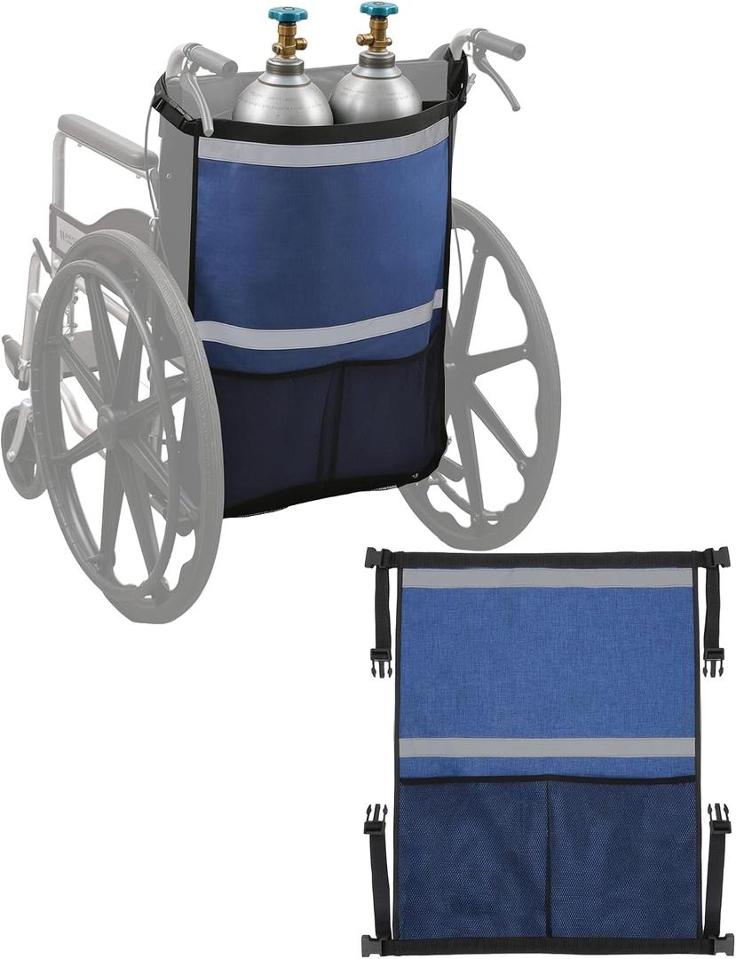 Oxygen Tank Holder for Wheelchairs, Walkers & Scooters - Reflective Straps, Quick-Release, Quick-Dry Easy-Clean - Fits D/E Small Cylinders（2, Blue)