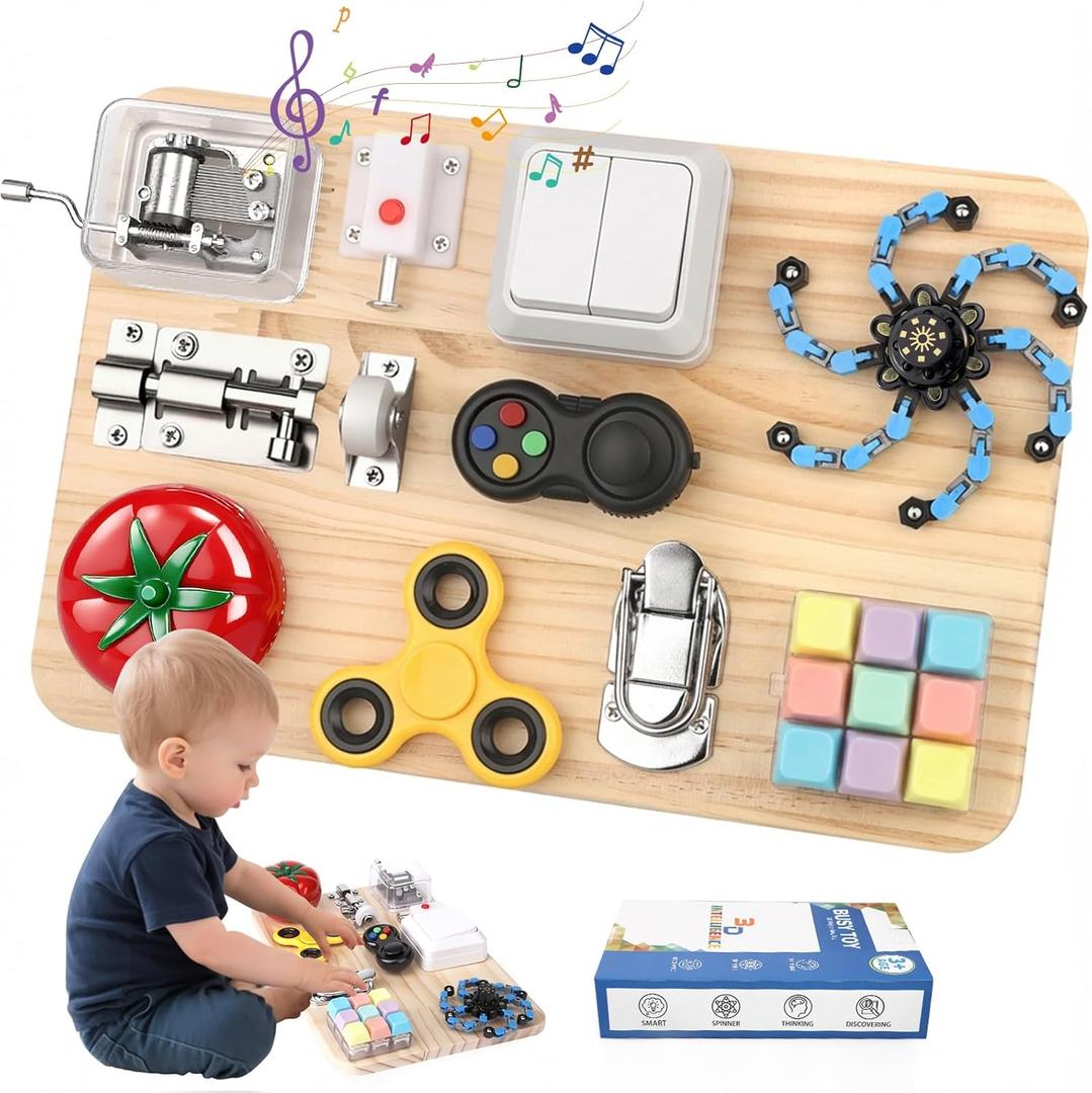 Busy Board for Toddler Kid Early Development, Fidget Sensory Learning Motor Skills Montessori Toy for Age 3 4 5, Busy Pad Fidget Spinner Travel Toy Birthday Gifts Educational Activities for Boy Girl