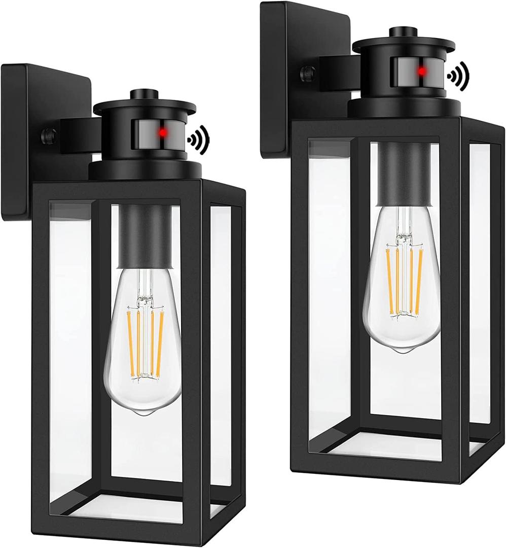 2-Pack Motion Sensor Outdoor Lights, Upgrade Dusk to Dawn Wall Mount Light Fixtures, Motion Sensor Wall Lights for Outside House Porch Garage, Exterior Black Wall Lanterns Sconce with Clear Glass (13.25 inch)