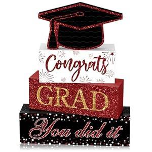 Cinnvoice 4 Pcs Graduation Table Decor 2026 Congrats Grad Centerpiece Class of 2026 Wood Sign Graduation Tiered Tray Decor Farmhouse Congratulate Gifts for Home Shelf Party Decorations(Black Maroon)