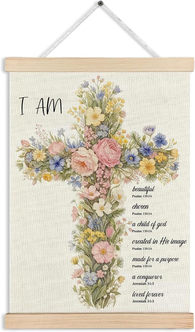 MKIJUHB Christian Floral Cross Wall Art Decor, Faith Wall Decor, I Am Inspirational Bible Verse Easter Framed Hanging Canvas Prints for Home Church Prayer Room Walls Decorations, 12x16 Inch