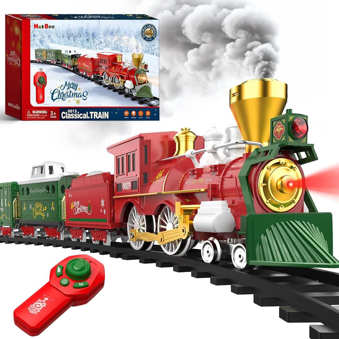 Hot Bee Christmas Train Set with Remote Control Train Toys w/Smoke, Lights & Sound, Christmas Train Sets for Around The Tree, Toy Train for Kids Train Set for 3 4 5 6 7+ Years Old Boys Gifts