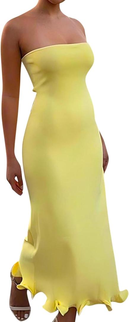 ISZPLUSH Women's Sexy Bodycon Tube Strapless Dress Y2K Ruffle Hem Trim Irregular Long Dress Going Out Tube Outfit (Large)