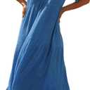 R.Vivimos Womens Summer Cotton Flowy Maxi Dress Short Sleeve V Neck Empire Waist Boho Tiered Ruffle Casual Loose Long Dresses (Blue, L)