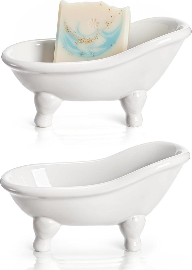 DEAYOU 2 Pack Ceramic Bathtub Soap Dish, 5.6" Mini Bar Soap Holder with Drain, Small Cute Kitchen Sponge Tray for Shower, Bathroom, Decor, Counter, Hamster, Mini Planter, Makeup Container, White