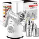 Geedel Rotary Cheese Grater Cheese Shredder - Upgraded 5-in-1 Cheese Grater with Handle and Strong Suction Base, Multi-purpose Vegetable Slicer Ice Shaver Nuts Grinder for Ice, Vegetables, Fruit, Nuts (Grey White)