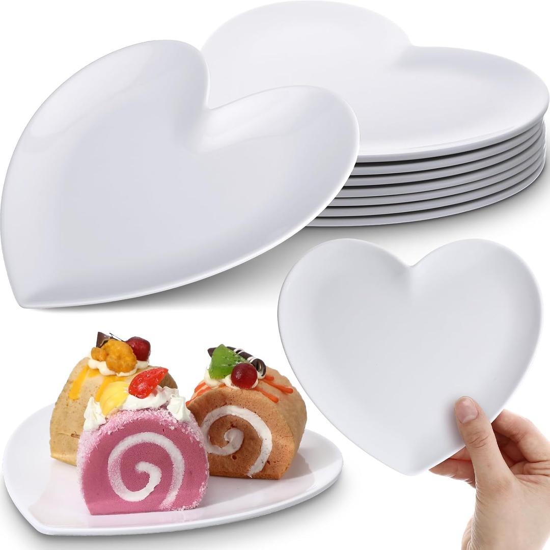 Nuogo 8 Pcs Heart Shaped Dinner Plates 6.8'' Serving Tray Melamine Heart Shaped Plates for Dessert, Appetizer, Salad, Dishwasher Safe (White)