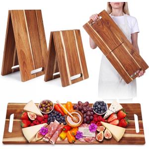 2 Pcs Large Charcuterie Board Foldable Acacia Wooden Charcuterie Board with Handle Serving Boards Tray Long Cutting Boards for Cheese Appetizers Party Travel (36 x 12 Inch, 30 x 12 Inch)