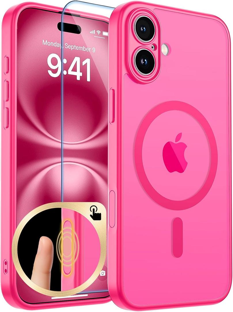 zapica Magnetic for iPhone 16 Plus Case, Upgraded [Camera Control Button] [Full Camera Protection] [with 1 Screen Protector] Translucent Matte Shockproof Protective Phone Cover, Rose Pink