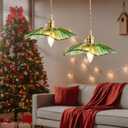 Kulukulu Retro Style Pendant Light, Mid Century Smoked Glass Ceiling Hanging Lamp, Vintage Hand Blown Fixture for Bedroom Dining Room, Kitchen Island - Flower, Green, Large, 2 Pack