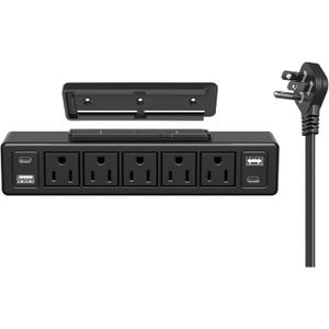 40W Under Desk Power Strip Mountable,20W USB-C Fast Charging Flat Plug Power Strip Surge Protector 1200J,9 in 1 Desk Outlet,5 Outlets,2 USB-C,2 USB-A,6FT Extension Cord Black