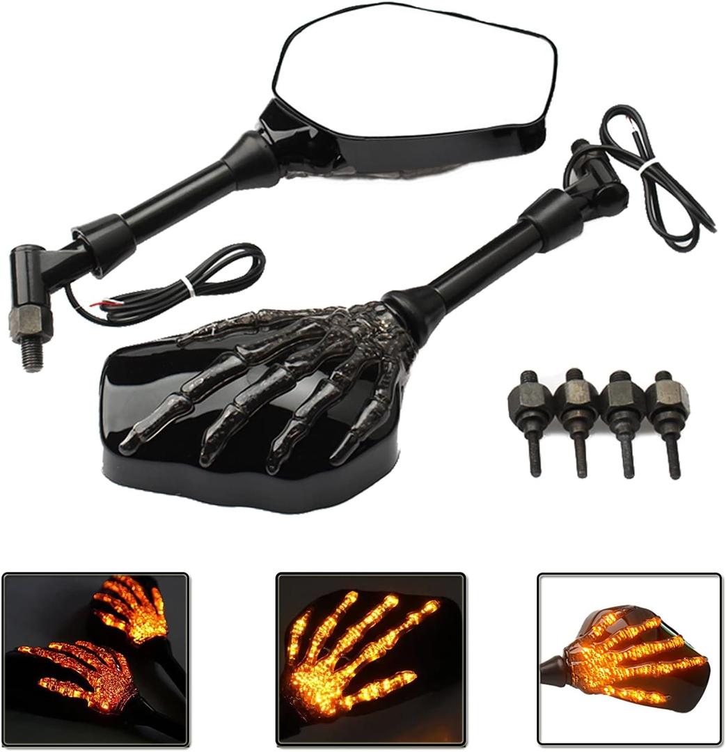 Heart Horse Motorcycle Mirrors Rear View Mirrors, Electric bright Skull Skeleton Hand Rearview Mirror, Suitable for Most Motorcycles with a Diameter of 8 mm 10 mm