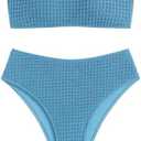 ZAFUL Women Strapless Textured Bandeau Bikini 2 Piece Swimwear Cheeky Solid Lace up Bathing Suits