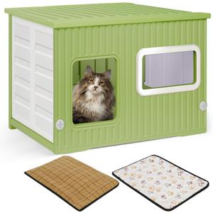 Cat House for Outdoor Indoor Use, Stackable Feral Cat Shelter Indoor Cat House Weatherproof Waterproof Elevated, with 2-Sided Cushion (Green White)