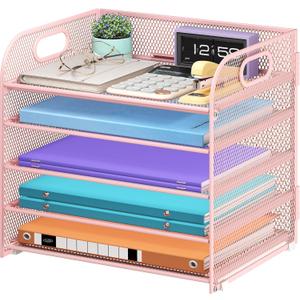 Cawukege 5 Tier Paper Organizer with Handle, Pink Metal Mesh Desk Organizer File Folder Paper Letter Tray Desktop Document Sorter for Classroom, School, Office Accessories Organization and Storage