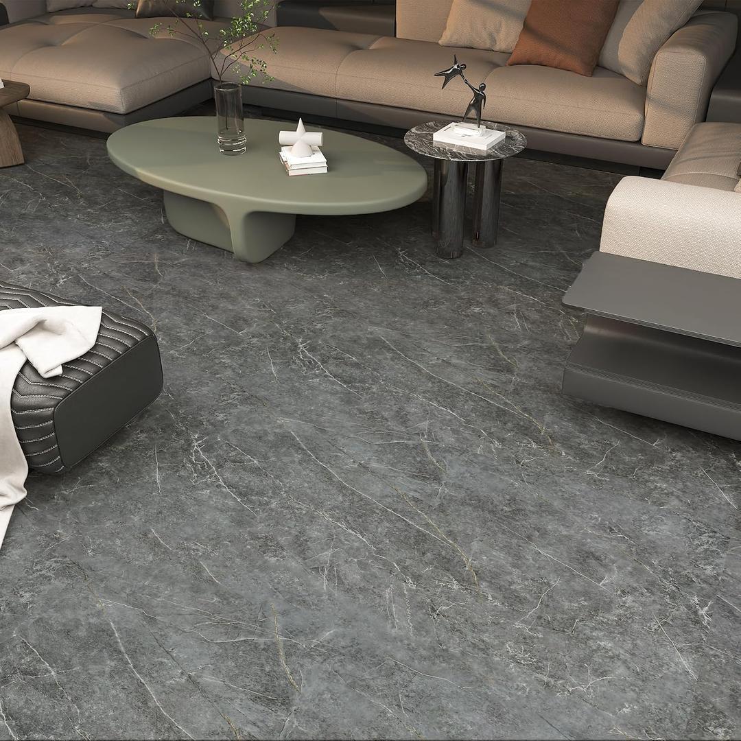 BOMENG 24"x591" Marble Peel and Stick Flooring Roll Vinyl Floor Tiles Waterproof Stick on Flooring Matte PVC Floor Contact Paper for Floors Dark Grey Vinyl Laminate Flooring for Kitchen Bathroom