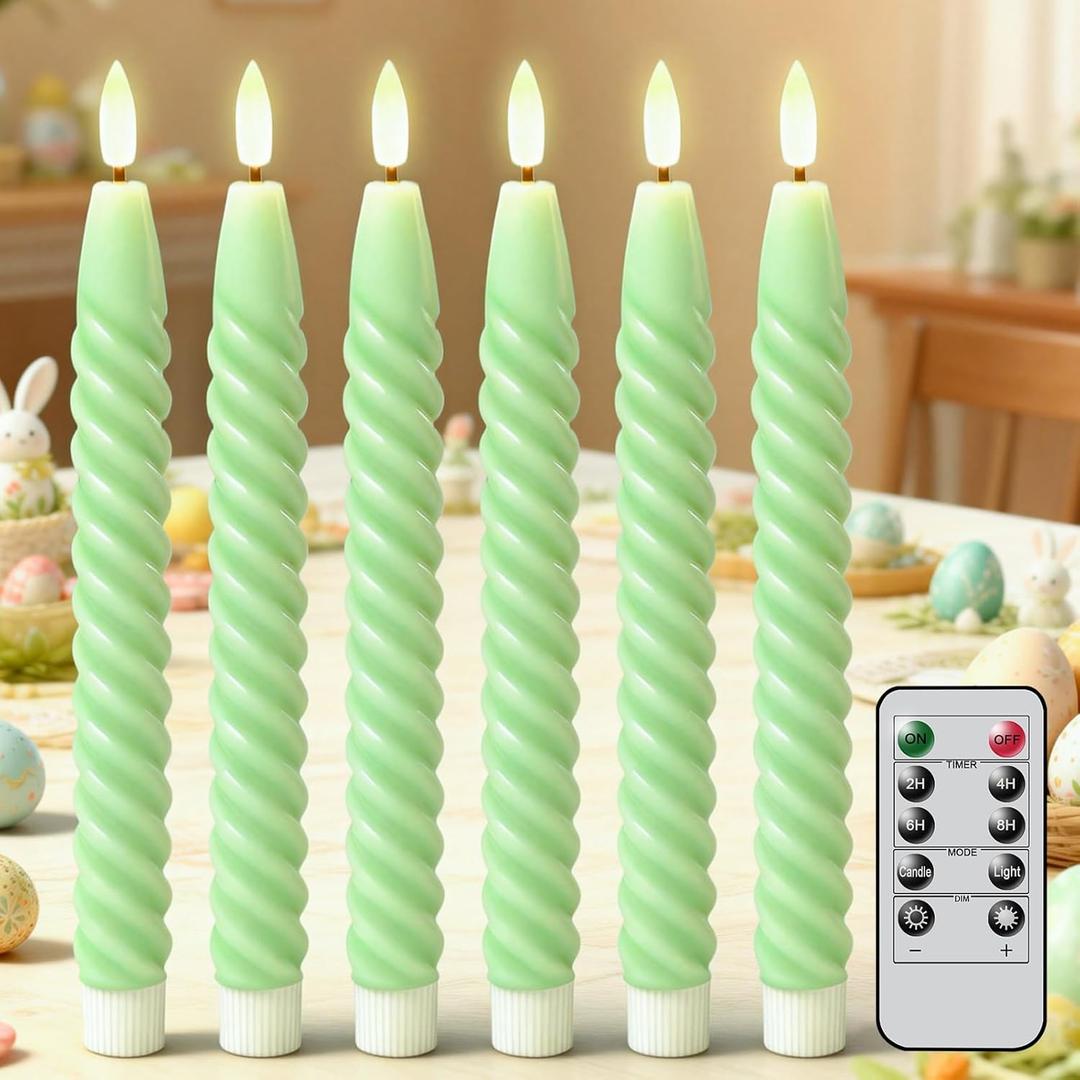 Easter Flameless Taper Candles Green Pastel Flickering with Remote Timer, Battery Operated Warm 3D Wick LED Spiral Candles 6 Pack 9.8" Real Wax Wedding Home Birthday Spring Easter Decorations