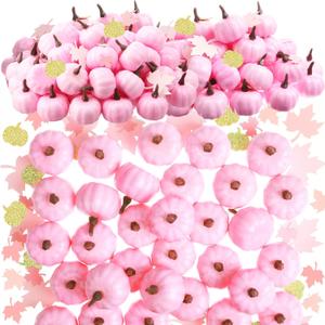 Thyle 150 Pcs 2 Inch Thanksgiving Mini Pumpkins Bulk 50 Small Fall Artificial Foam Pumpkins with 100 Confetti Maple Leaves Harvest Baby Shower Decorative for Thanksgiving Centerpiece(Pink)