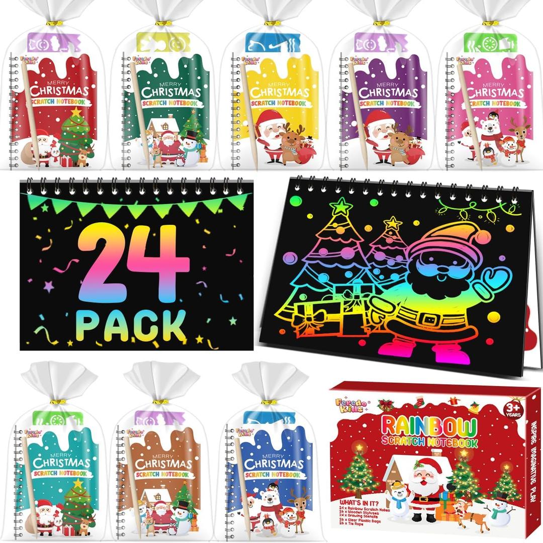 FEREDO KIDS Party Favors for Kids: 24 Pack Christmas Rainbow Scratch Art Notebook Classroom School Supplies Bulk for Girls Boys Goodie Bags Stuffers, Return Gifts for Birthday Party Gift Kid Crafts