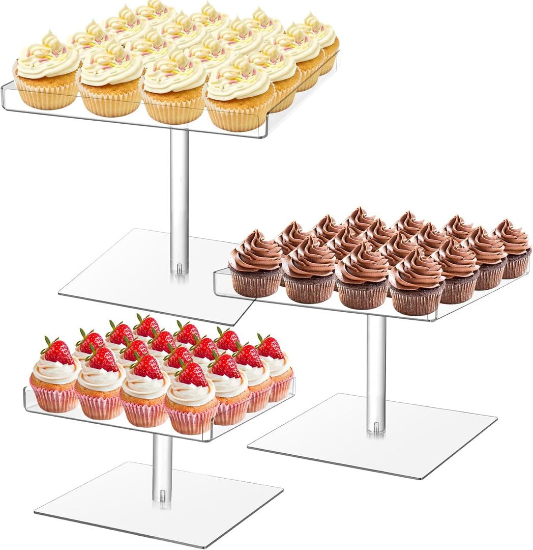 AHANDMAKER 3-Piece Acrylic Tiered Serving Tray Set 10x10in 9x9in 8x8in Clear Dessert Display Stand for Wedding Birthday Party Shower Christmas Table Decoration