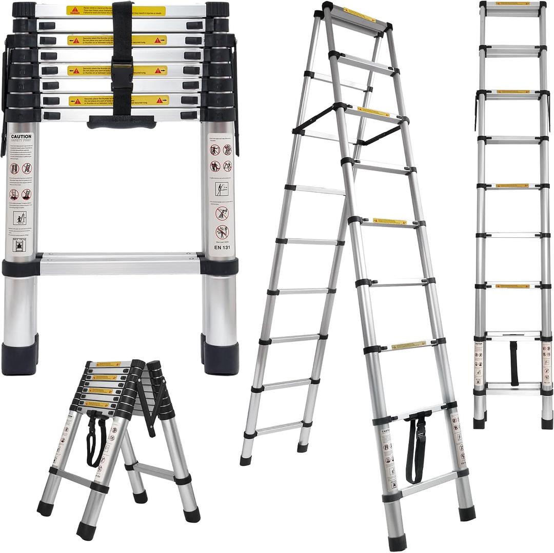 10.5 FT A-Frame Aluminum Telescoping Ladder,11+11Step Ladder, Silver | 330LB Load Capacity, Portable Folding Extension, Heavy Duty Collapsible Ideal for Home and Outdoor
