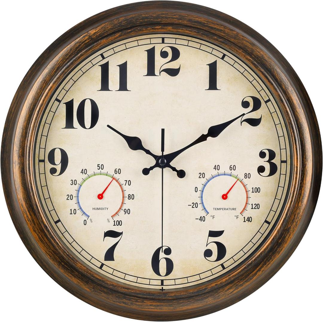 45MinST 13-Inch Vintage Outdoor Wall Clock with Thermometer and Hygrometer, Waterproof, Large Numbers, Silent, for Indoor and Outside Use,Porch,Garden,Pool(Bronze)